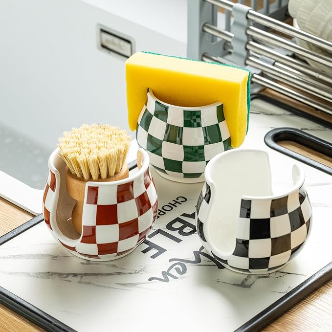 Zoeeker Sponge Holder for Kitchen Sink, Ceramic Checkered Dish Sponge Caddy - Image 7