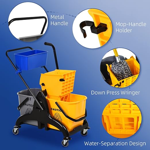 HOMCOM Mop Water Bucket Wringer Cart, Double Mop Bucket, 2 x 6.9 Gallon - Image 5