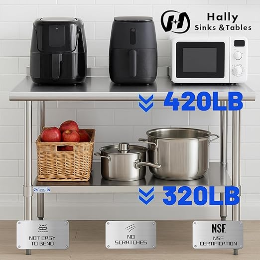 Hally Stainless Steel Table for Prep & Work 24 x 30 Inches, NSF Commercial Heavy Duty Table with Undershelf and Backsplash for Restaurant, Home and Hotel