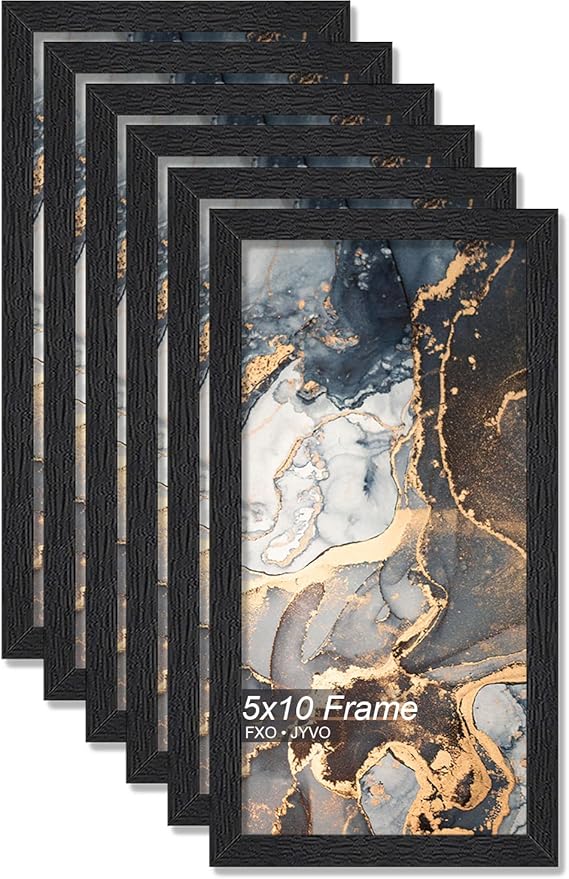 Engineered Wood 5x10 Picture Frame Set of 6, Black Frame for 5 x 10 Inch Picture Poster Photo, Light Weight 5 by 10 Frame with Wood-grain for Wall - 6 Pack/Black/5"x10"