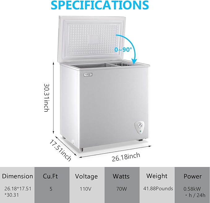 Chest Freezer Compact Deep Freezer WANAI 5.0 Cu.Ft for Garage Adjustable Temperature 7 Thermostat and Energy Saving Removable Basket for Garage Basement Dorm Apartment Kitchen Business
