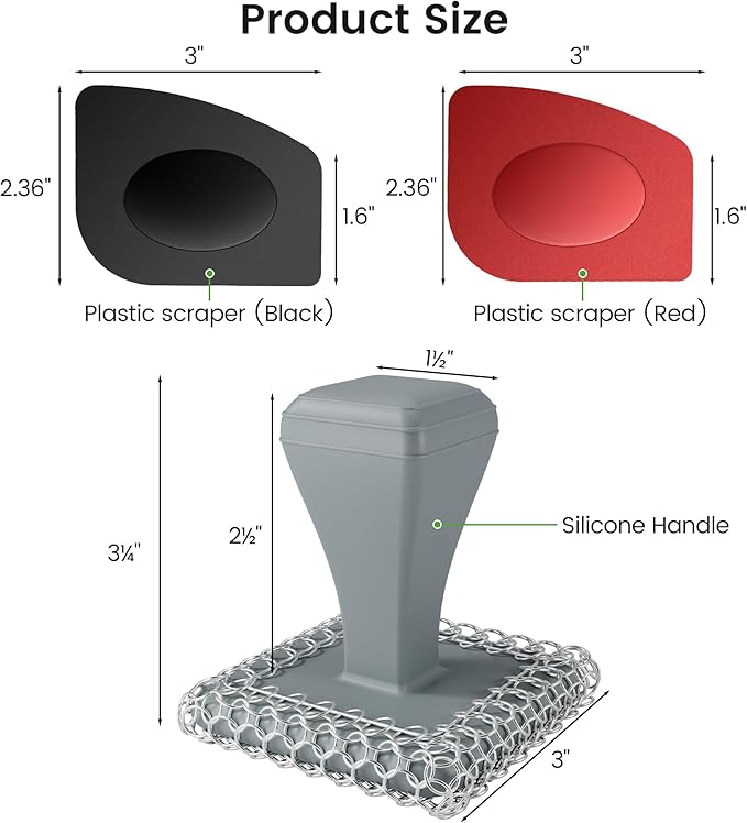 TOPULORS Cast Iron Scrubber Cleaner & 316L Stainless Steel Chainmail Scrubber with 2 Scrapers, Ergonomic Silicone Handle Brush for Pans Skillets Grills Dishes Cleaning - Non-Scratch Rust-Proof - Gray