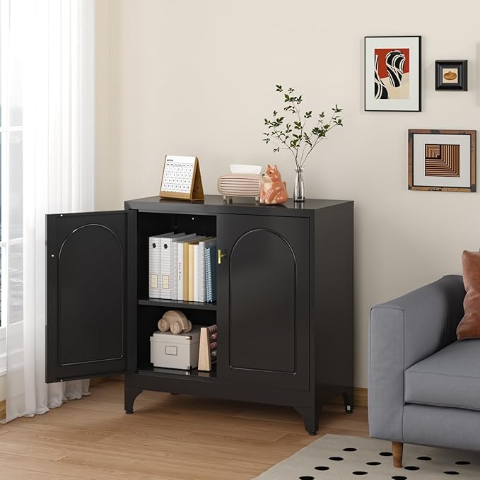 Metal Sideboard Buffet Cabinet with Storage,33 Inch Coffee Bar Cabinets with Adjustable Shelf, Black Kitchen Pantry Cabinet for Dining Room, Living Room