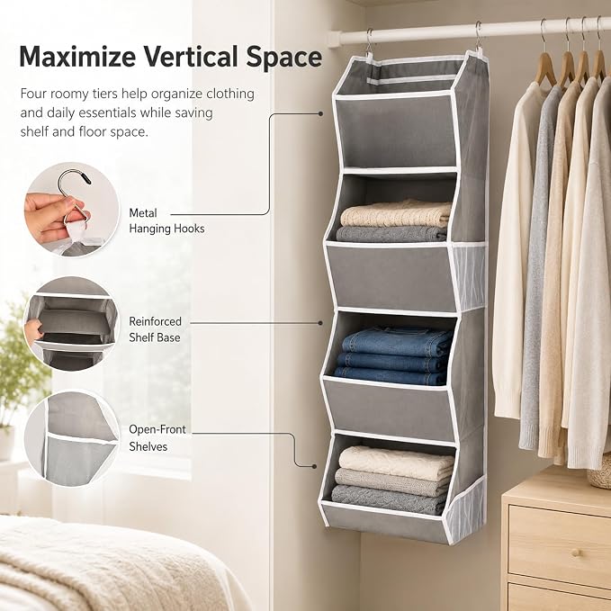 4-Shelf Hanging Closet Organizer and Storage, Fabric Storage Bins Bedroom - Image 6