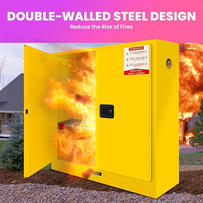 45 Gallon Flammable Storage Cabinet, 44x18x43in Galvanized Steel Safety Storage Cabinet, Adjustable Shelf Fireproof Cabinets, Flammable Liquid Storages Cabinets for Commercial Industrial and Home Use