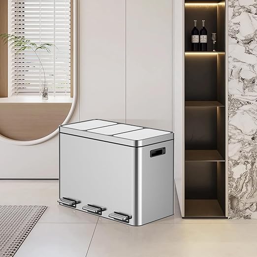 Garvee 12 Gallon Stainless Steel 3 Compartment Trash Can - 3x15L Recycling Bin with Soft-Close Lid, Fingerprint-Proof Kitchen & Office Waste Sorting Bin