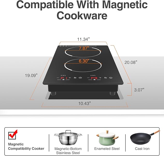 Double Induction Cooktop,110V 2 Burner Induction Cooktop,2300W Electric Stove Top with Independent Control, Ultrathin Body, 9 Temperature, Multiple Power Levels, 2 Hour Timer, Safety Lock