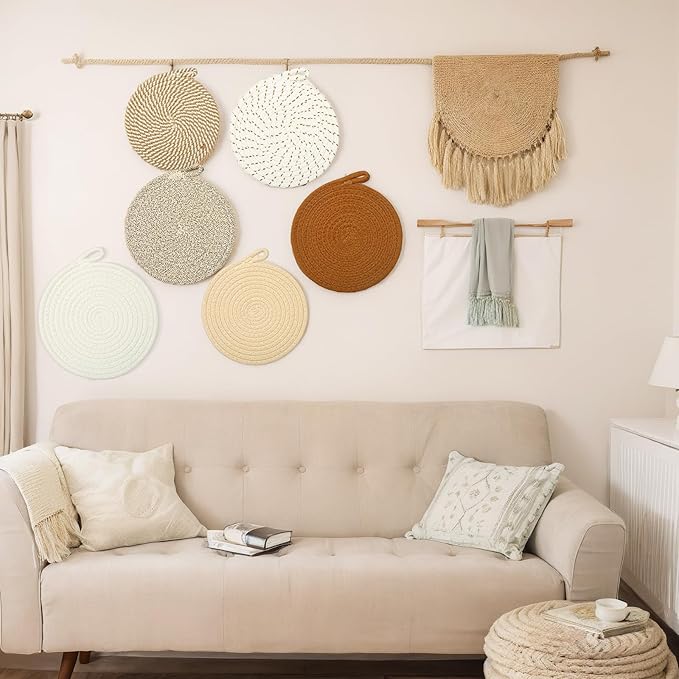 Hot Pads for Quartz Countertops with Storage Basket | 6-Pack 8-Inch Cotton Trivets for Hot Dishes & Pots | Machine Washable Farmhouse Kitchen Decor