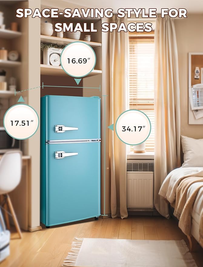 3.2 Cu.Ft Fridge with Freezer, Double Door Refrigerator with 7 Level Thermostat, LED Light, Adjustable Shelves, Food Storage Cooling Drink for Bedroom, Office, Dorm, Apartment, Blue