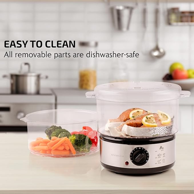 OVENTE 2-Tier Electric Food Steamer, 5 Quart Stainless Steel Stackable Steam Cooker with 400W Power, 60-Minute Timer & Auto Shut-Off, Dishwasher Safe, Healthy Vegetable & Seafood Steamer, Silver FS62S