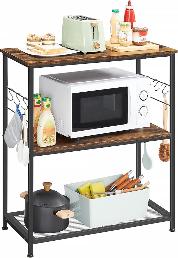 VASAGLE Bakers Rack, Kitchen Shelf, Kitchen Island, Microwave Oven Stand with 3 Open Shelves, 6 Hooks, Metal Frame, 15.7 x 31.5 x 35.4 Inches, Industrial, Rustic Brown and Black UKKI002B01