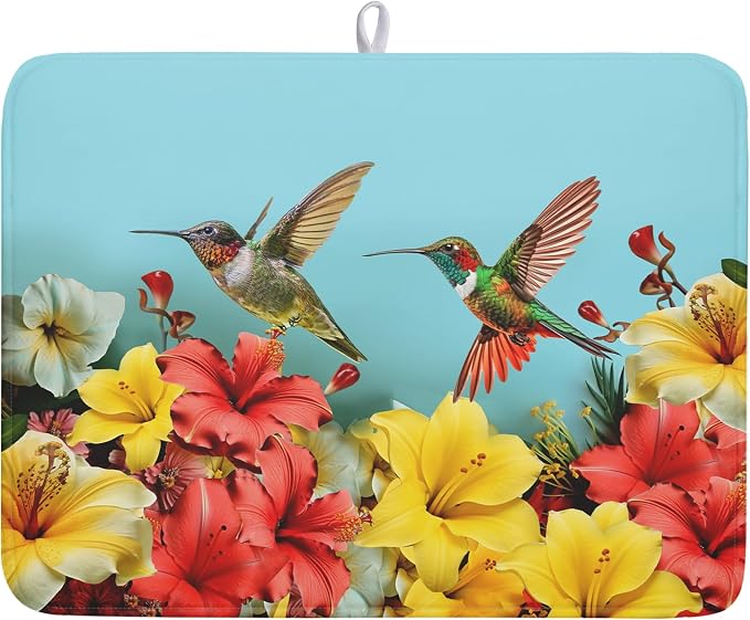 Kawani Hummingbirds Floral Dish Drying Mat by Kawani