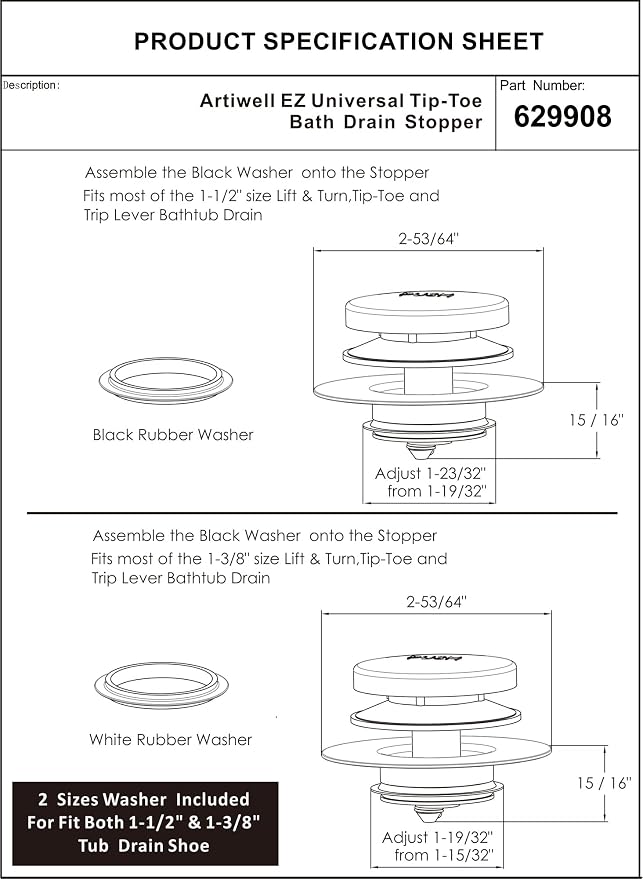 Universal Tip Toe Bath Drain Stopper and Cover, Bathtub Drain Stopper, Replaces - Image 6