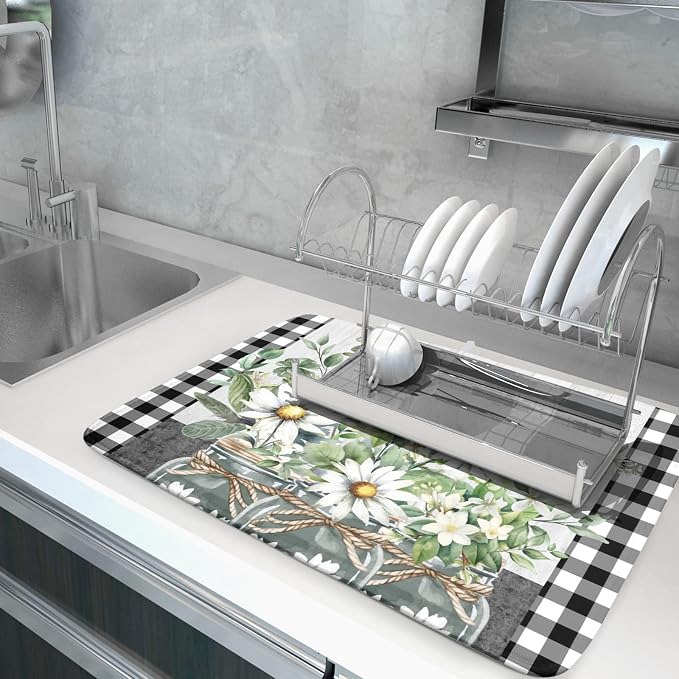 Daisy Floral Dish Drying Mat for Kitchen Counter Watercolor Flowers Absorbent - Image 5
