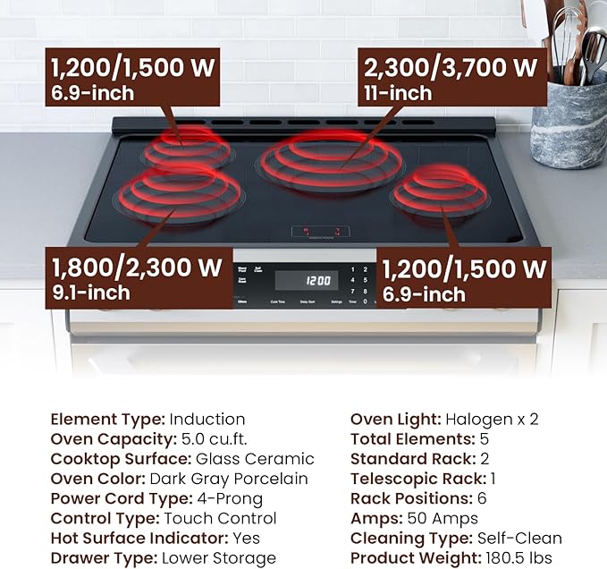 Rangaire RRI303GS 30" Glass Touch Induction Range Oven - Stainless Steel, Induction Burners, True Convection, Self Cleaning, Easy Reach Racks
