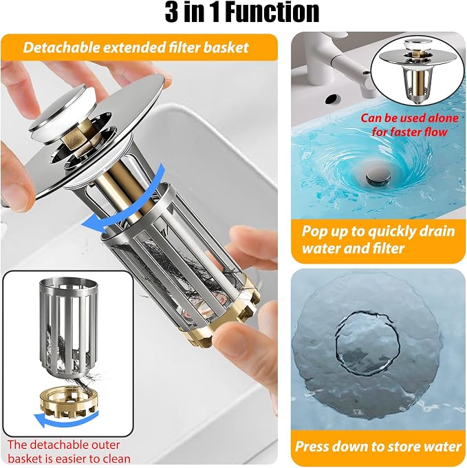 Anlige 3 in 1 Pop Up Bathroom Sink Stopper, Bathroom Sink Drain Strainer - Image 3