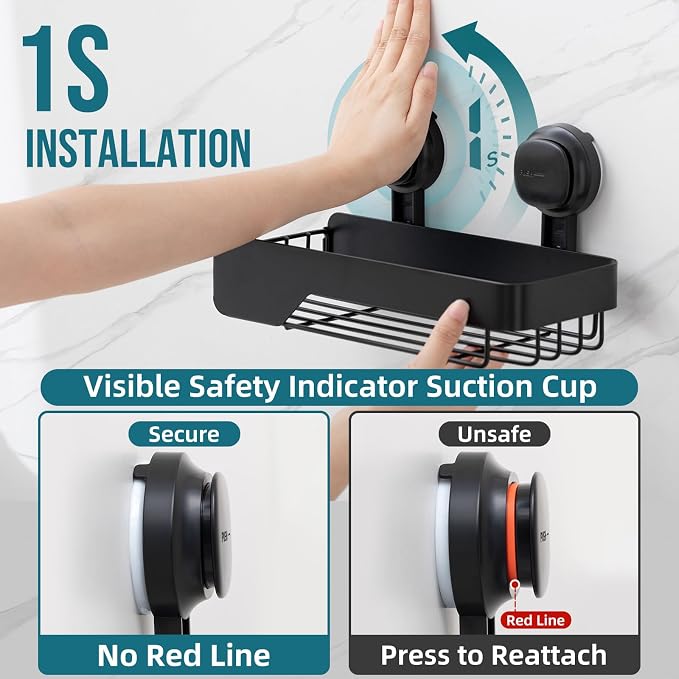 TAILI Shower Caddy Suction Cup Rustproof Metal Visible indicator Black - Image 2