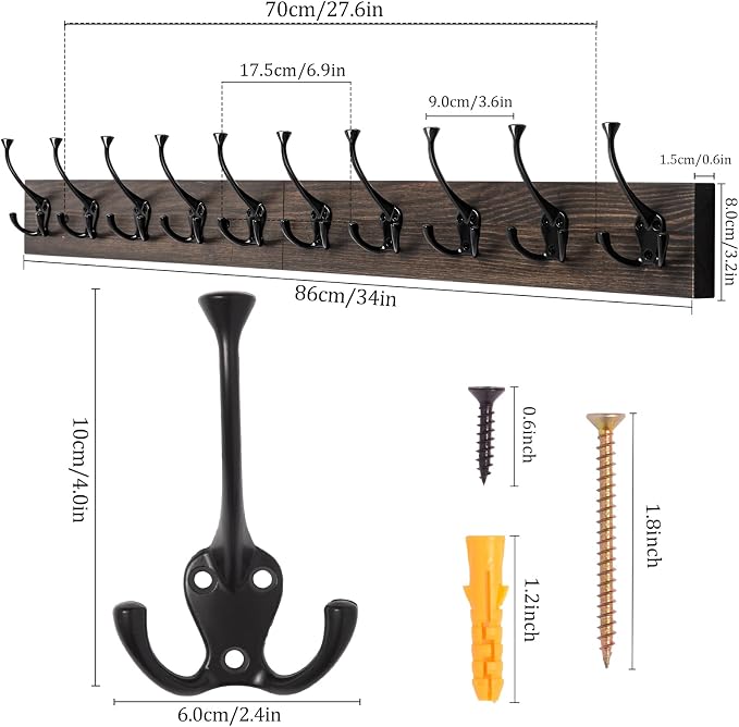 IBosins Vintage Wall Mounted Coat Rack, 10 Rustic Coat Hooks Rail - Image 2
