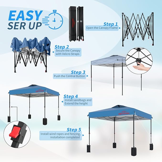 12x12 Pop Up Canopy, Easy Up Canopy Tent, Heavy Duty Tents for Parties, One Person Set Up Event Tent, Light Blue