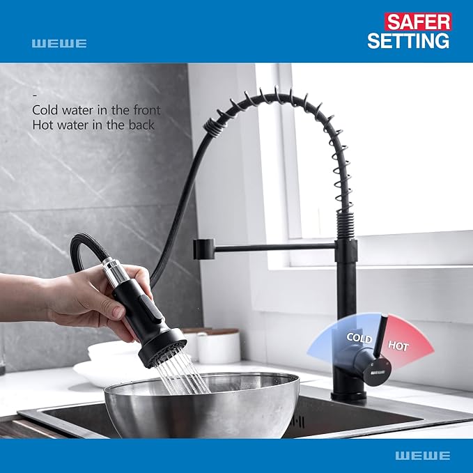 WEWE High Arc Pull-Out Kitchen Faucet, 2-Mode Sprayer, Matte Black | 17-Inch - Image 4
