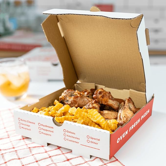 Karat Pizza Boxes 8" x 8" [50 Pack] Classic Red Print Corrugated Boxes | Ventilated, Grease-Resistant, Durable for Pizza or Mailing Use