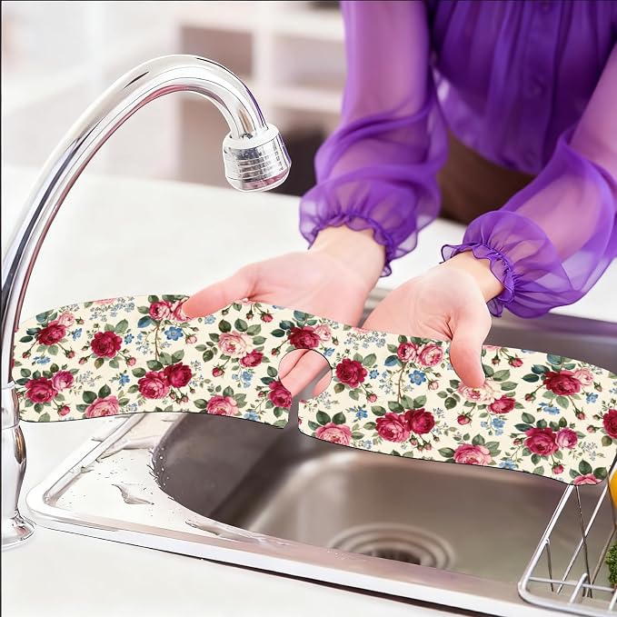 2 Pcs Pink Roses Kitchen Sink Splash Guard Faucet Mat Flowers Faucet Mats - Image 6
