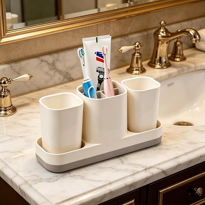 Toothbrush Holder with Cups and Toothpaste Organizer, Bathroom Storage - Image 2