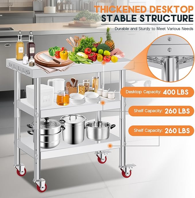 Jocisland 22" x 36" Three-Tier Stainless Steel Table for Prep & Work with Wheels, Adjustable Under Shelf, for Commercial Kitchen, Restaurant, Hotel and Garage