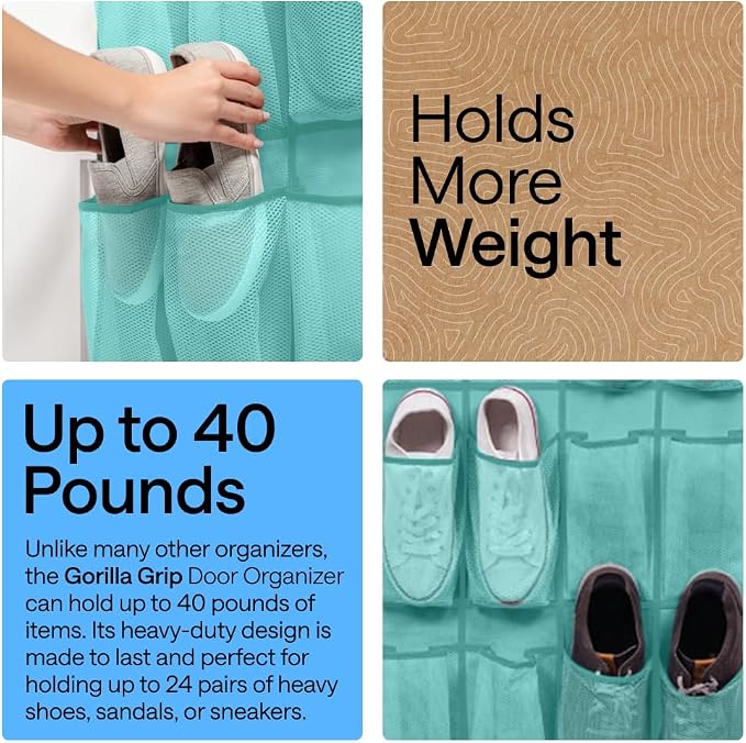 GORILLA GRIP Over the Door Shoe Organizer, 24 Large Pockets, Turquoise | - Image 3