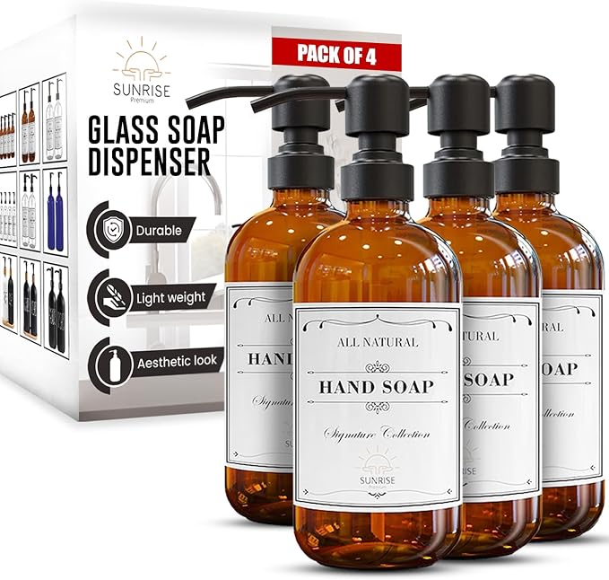 Sunrise Premium Amber Glass Soap Dispenser, Matte Black Pump, 16 oz | Amber by SunrisePremium