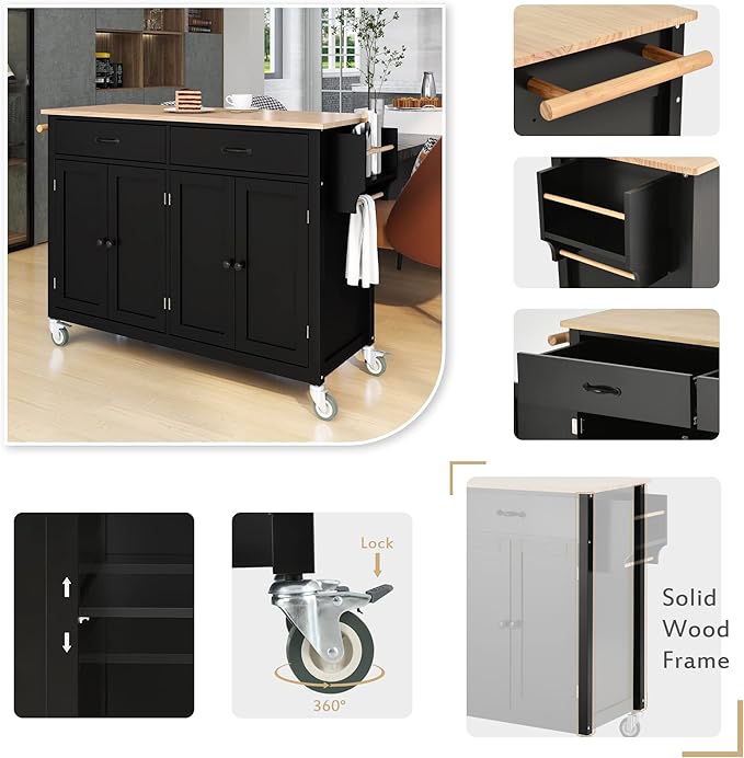 Favfurish Kitchen Island Cart on Locking Wheels with 4 Cabinet and 2 Drawers, Rolling Coffee Bar Trolley w/Solid Wood Tabletop, Adjustable Shelves, Spice & Towel Side Rack, for Dining Room, Black