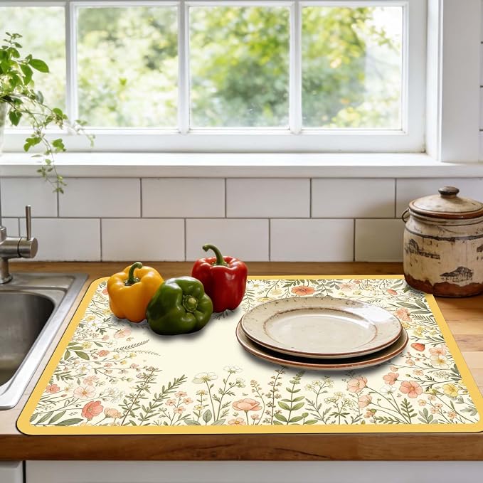 3 Pcs 2 Size Kitchen Sink Splash Guard Faucet Mat Watercolor Floral Frame - Image 5