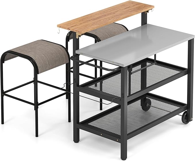 GOFLAME Outdoor Patio Cart Table, Kitchen Shelf on Wheels with Flip Top, Trash Bag Holder, Movable Hooks, Side Handle, Rolling Dining Grill Table, 4-Tier Serving Cart for Home, Bar, with Chairs