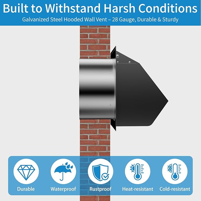 4 Inch Wall Vent Cover with Screen and Damper,Heavy Duty Stainless Steel Exhaust Vent Cover Cap,Dryer Vent Pipe is 8-1/4 inch and Long Enough for Wall Black