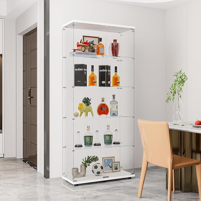 74" H 5-Shelf Glass Display Cabinet with Double Door, Modern Curio Cabinet Collection Display Case, Floor Standing Bookshelf Glass Case with Lock for Living Room,Home Office (White)