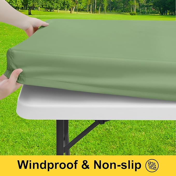 Smiry Picnic Table Cover with Bench Covers, Waterproof Elastic Fitted Polyester Tablecloths for 8 Ft Rectangle Tables, Washable Windproof Tablecloth for Outdoor, Camping (Sage Green, 30x96 Inches)