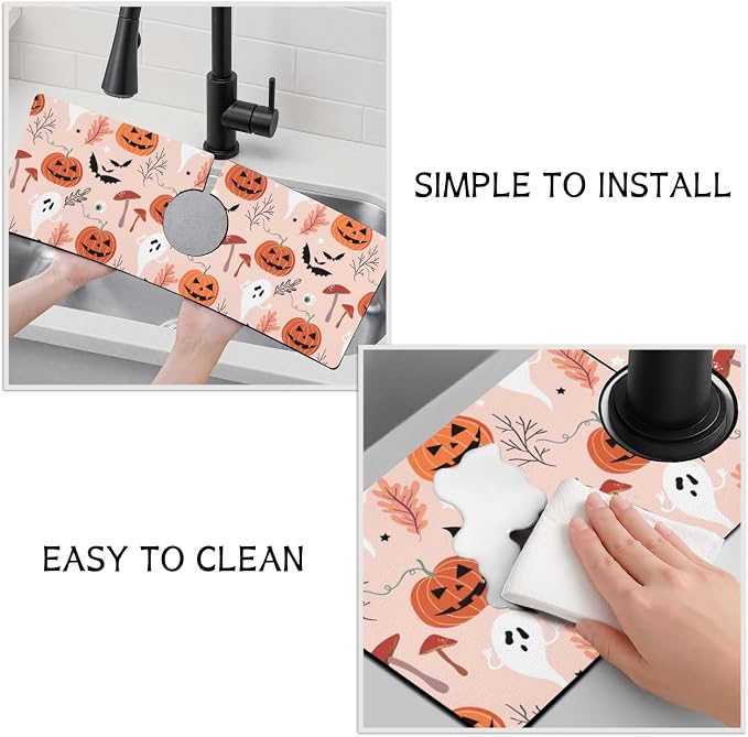 Halloween Kitchen Sink Splash Guard Faucet Mat, Pumpkin Plants Ghost Bat - Image 4