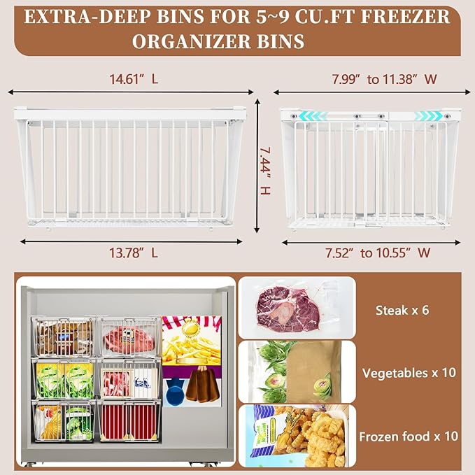 Large Freezer Organizer Bins，Upgraded Bottom Leak-Proof net，Fit 5 to 9 Cu Ft Chest Freezer，5 Pack， Expandable Stackable Chest Freezer Containers with Handle (White-5P)