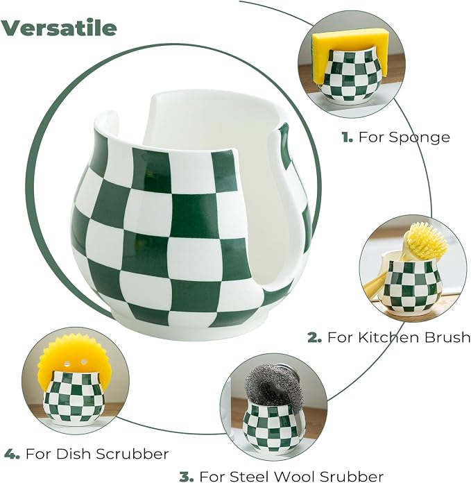 Zoeeker Kitchen Sponge Holder for Sink, Ceramic Checkered Sponge Organizer - Image 4