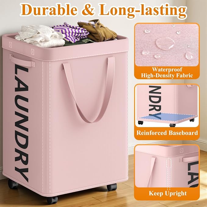 Optish 90L Laundry Basket with Wheels, Rolling Hamper with Removable Bag - Image 6