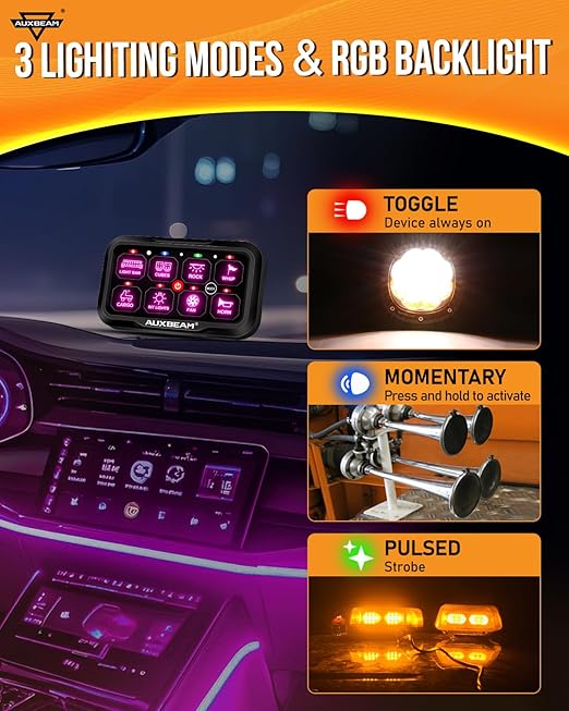 Auxbeam 8 Gang Switch Panel AR-800 Bluetooth RGB Switch Pod Toggle Momentary Pulsed Dimmable Backlight Multifunction Switch Panel with Memory Function 12-24V Truck Offroad ATV Marine Waterproof