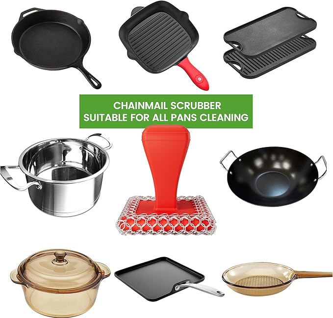 TOPULORS Cast Iron Scrubber Cleaner & 316L Stainless Steel Chainmail Scrubber with 2 Scrapers, Ergonomic Silicone Handle Brush for Pans Skillets Grills Dishes Cleaning - Non-Scratch Rust-Proof - Red