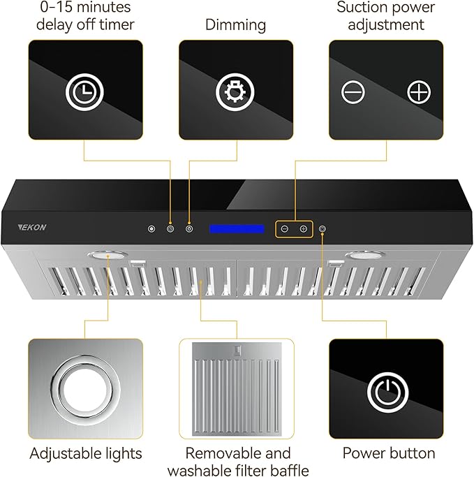 EKON 36 BLack New inches Under Cabinet Range Hood, 900 CFM Stainless Steel Kitchen Chimney Vent, 4 Speed Touch Screen Control With Remote 2Pcs 3W LED lights Dishwasher-safe Filters Fan Timer
