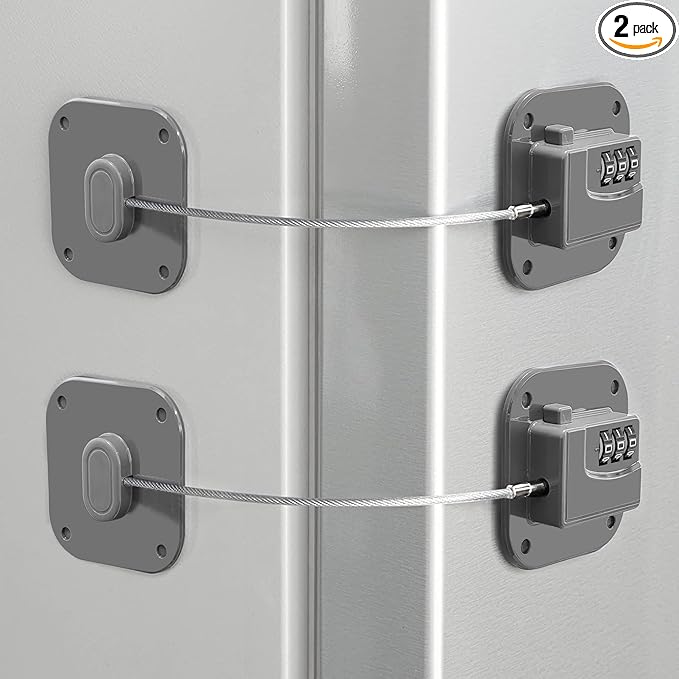 Refrigerator Lock, Heavy Duty Fridge Lock, Combination Lock for Refrigerator Cabinets, Drawers, Safety, Easy Install No Keys Needed (Grey-2Pack)