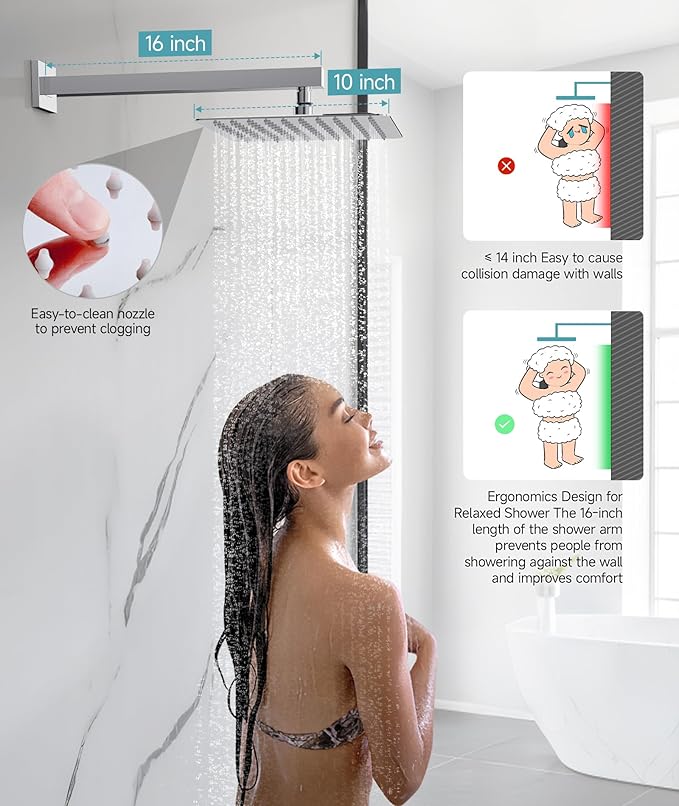 SR SUN RISE Shower System Bathroom 10 Inch Rainfall Shower Head & Handle Set Wall Mounted Rain Shower Faucet Set Polished Chrome