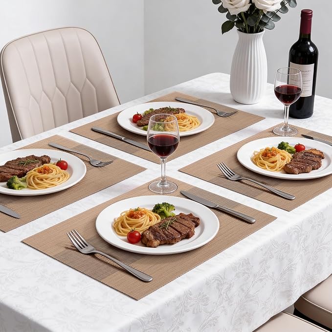 Timeet Placemats Set of 6, Heat Resistant Non-Slip Place Mats for Dining Table, Durable Washable PVC Vinyl Woven Table Mats, Resistant Kitchen Placemats Easy to Clean(Beige & Gray