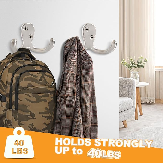 20 Pack Coat Hooks Wall Hooks for Hanging, Heavy Duty Double Prong Metal Hook - Image 3