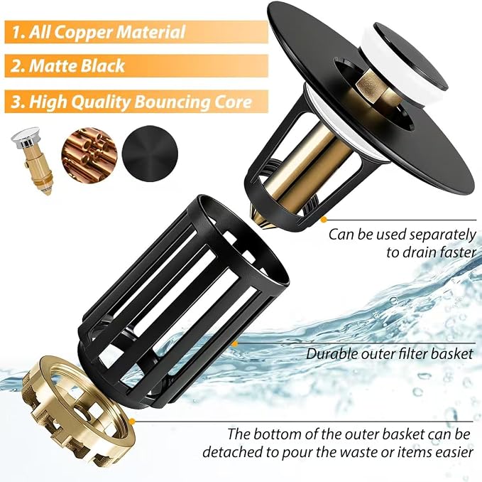 Anlige 3 in 1 Pop Up Bathroom Sink Stopper, Bathroom Sink Drain Strainer - Image 6