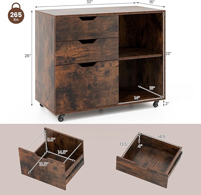 File Cabinet, Mobile Filing Cabinet w/Universal Wheels & 3 Drawers, Wood Printer Stand with Storage, Rolling File Cabinets for Home Office, Living Room, Bedroom (Rustic Brown, 3 Drawers)