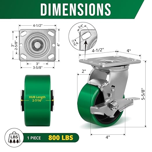 4 Inch Caster Wheels, Heavy Duty Caster with Strong Load-Bearing, Polyurethane Wheel on Steel Hub, Supports 800 lbs Each(2 Pack Brake)